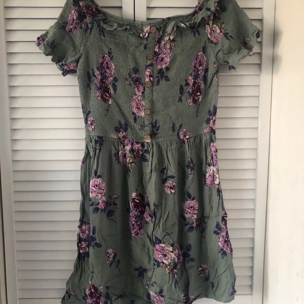 Xhilaration Floral Print Short Sleeve Smocked Top Dress Green Leaf Large NWT